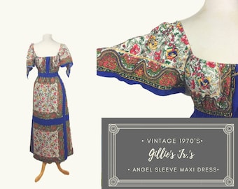 Romantic Vintage Gunne Sax Style Bohemian Maxi Dress with Angel Sleeves. Gunne Sax, Gille's Jrs, bandana dress, angel sleeves, boho, 70s