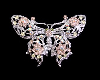Crystal Butterfly Brooch Pin Silver Tone Peach Yellow