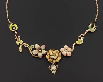 Antique Pin Conversion Necklace | Art Nouveau Enamel Flower Necklace | 10k and 14k Gold Statement Necklace