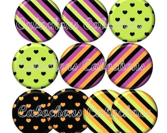 Set of 10 cabochons 16mm glass hearts, stripes, ref Lot125
