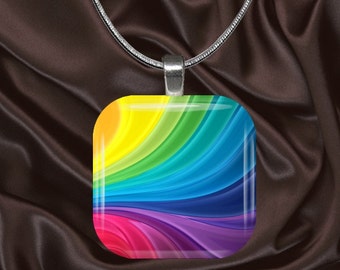 Rainbow Ribbons Glass Tile pendant with chain(CuRa4.4))