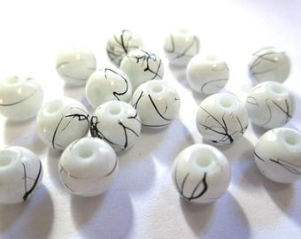 20 black, white painted glass 6mm beads