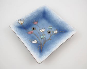 Vintage Copper Enamel Square Trinket Dish - Signed Gerte Hacker Mid Century Square Flower Dish with Gold Foil