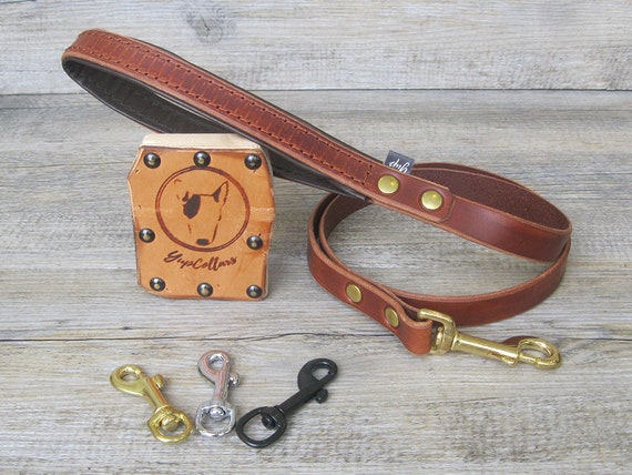 Dog Leash in Light Brown Leather with Soft Padded Handle, Brass, Nickel or Black Hardware, Custom Lenght and Width, Handmade Dog Lead