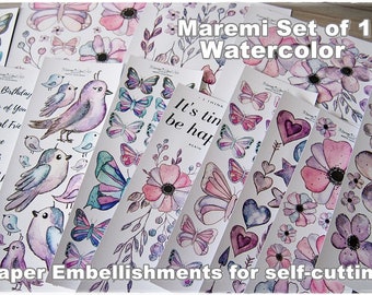 Maremi's Handpainted Watercolor Designs Printed Set of 12 Paper Embellishments for self-cutting