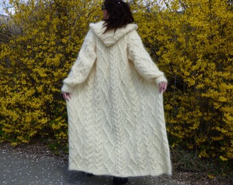 New Hand Knitted Mohair Cardigan ,Ivory,Handmade Coat Sweater, size S, M,L