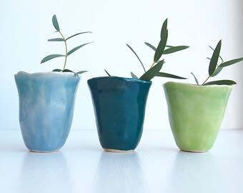 Handmade ceramic blue + green mini vases, blue pottery vase, green pottery vase, mini ceramic vase, flower vase, flower pot, small vase