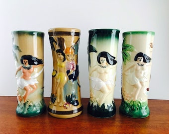 Tiki Hula Mugs Harvey's Lake Tahoe Hula Girl Vintage Tiki Bar Casino Souvenir Ceramic Cocktail Luau Party SET OF 4 For Display Only