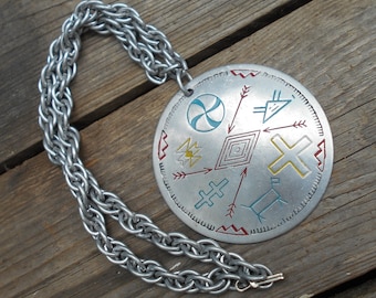Vintage Aluminum chain and medallion large and chunky funky jewelry 1960s Tourist Shop Southwestern Navajo Symbols