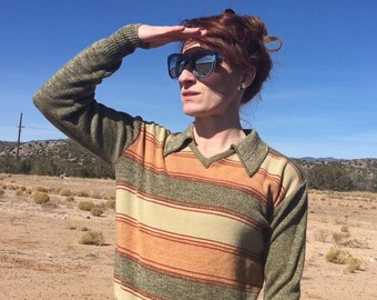 Vintage 1970s Knit Vneck Stripe Sweater with Knit Collar