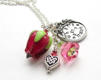 What's In A Name, Handstamped Boho Charm Necklace, Pewter Pendant with Handmade Lampwork Glass Rosebud Bead, Pink and Green