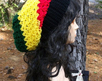Hand Crochet Slouch Womens Beret, Crochet Tam, Slouchy Hat, Slouchy Beanie, Slouch Beanie, Winter Hat in Black, Red, Yellow and Green