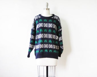 st. patrick's day sweater, vintage shamrock sweater, 1980s Irish sweater, navy + green pullover Ireland knit, medium large unisex sweater