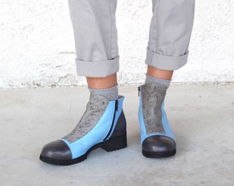 Blue ankle boots, Blue boots, ,Blue leather boots Leather woman's shoes, Gray woman's boots, Short boots, Blue flat boots