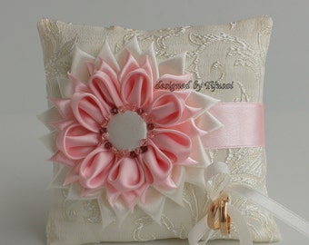 Ivory Wedding pillow with pink/ivory Flower ---wedding ring pillow , wedding pillow, ring cushion-ready to ship