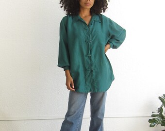 Vintage silk shirt 90s silk forest green long sleeve button up