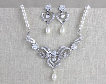 Bridal jewelry SET, Bridal necklace Set, Crystal Bridal earrings, Wedding jewelry SET, Pearl Wedding necklace, Necklace and earrings, ALEXA