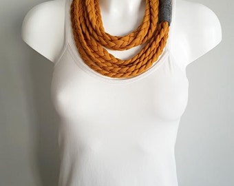 T-shirt scarf, t-shirt necklace, orange scarf, orange necklace, braided scarf, fabric scarf, fabric necklace