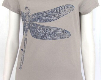 t-shirt woman printed Dragonfly green division, organic cotton, short sleeves, Pearl gray