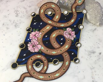 Mystical Serpent & Moon Phases XL Back Patch - Patches for Jackets, Embroidered Iron On, Wildflower + Co. DIY
