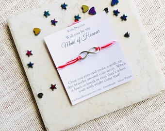 Wish Bracelet, Maid of Honor Proposal Card, Infinity Bracelet, Karma Bracelet, Bridesmaid Gift Idea, Make A Wish, String Bracelet, Silver