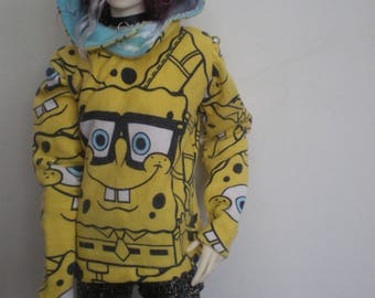 Spongebob hoody with blue velvet lined hood for 50cm BJD