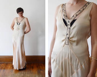 1930s Pale Peachy Pink Deco Evening Dress - M Medium