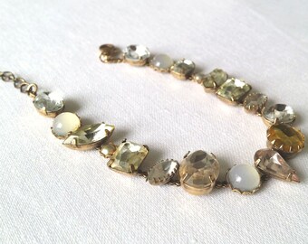 Vintage Bracelet Glass Rhinestones Metal Lobster claw closure 1980s old bijou jewelry OOAK
