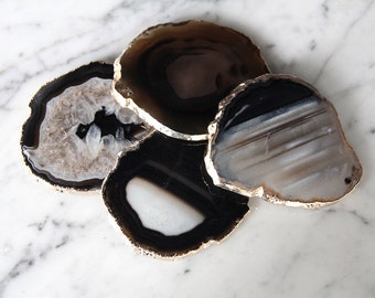 Black Agate Coasters Set of 4 or 6 Gold Plated / Black Agate Slice/ Geode Coasters / Gold Rimmed Coasters