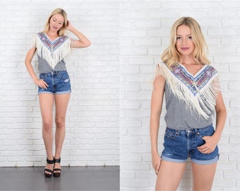 Vintage 90s Southwestern Top Shawl Fringe western Geometric hippie Capelet S M 10085