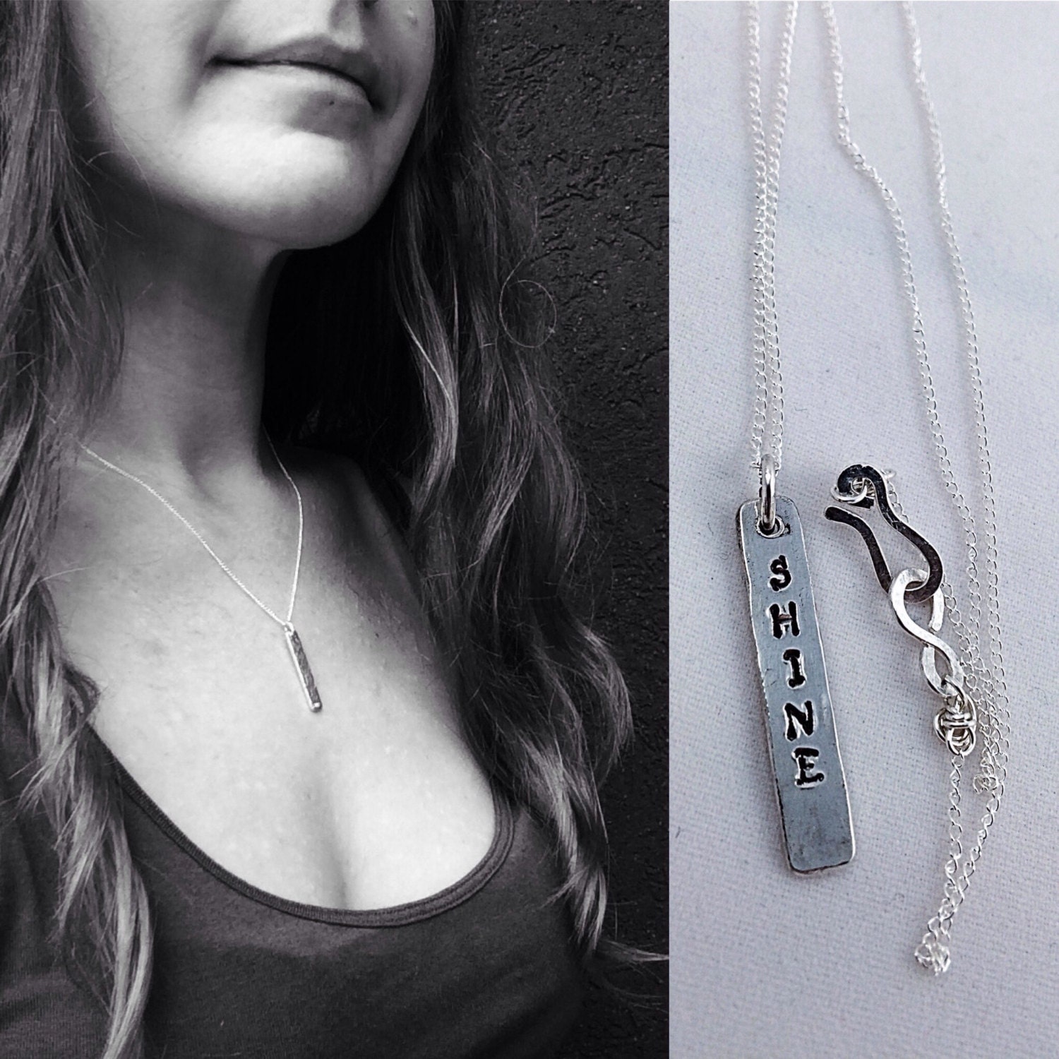 Sterling Silver Vertical Bar Necklace Reversible Hammered Textured