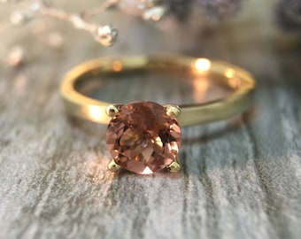 Salmon Pink Tourmaline Solitaire Engagement <Prong> Solid 14K Yellow Gold (14KY) Colored Stone Wedding Ring *Fine Jewelry* (Free Shipping)
