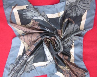 Japanese silk scarf with ginko leaf design--grey, brown, black