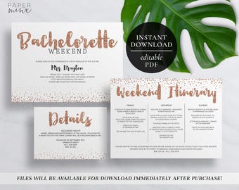 Printable Bachelorette Weekend Invitation | Editable PDF | Hens Weekend | Rose Gold Glitter | Itinerary Invitation | Rose Gold Invitation