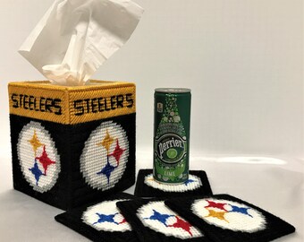 Pittsburgh Steelers Football Fan Tissue Box Cover Coaster Set Plastic Canvas Handmade - Pittsburgh Steelers - Tissue Box Cover - Coaster Set