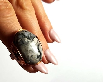 SALE Crazy Lace Agate Ring, Size 6, Ready to Ship, or Any Size, Made to Order, Black White Stone, Boho Ring, Copper Wrapped, Natural Stone R