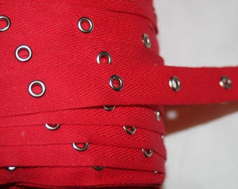 2 yards Cherry Red cotton silver grommet twill trim tape sewing for Corsets Bustiers Lacing costumes 2" spacing