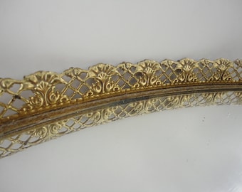 Large Vintage gold metal vanity tray mirror, delicate filigree metal work antique style extra long Dresser mirror display, oval perfume tray