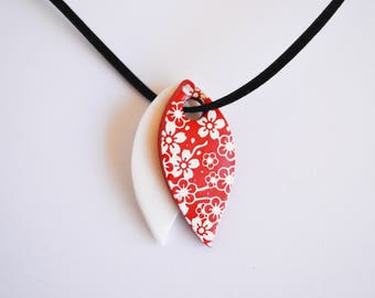 Patterns of red and white cherry blossoms - polymer clay pendant necklace