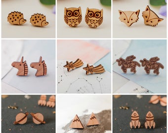 2 Pairs of Wooden Studs for 16, Special Offer, Earring Offer, Stud Earrings, Wooden Earrings, Earring Multi-buy, Stocking Filler Studs