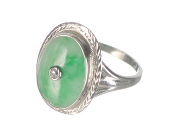Art Deco Green & White Jade with diamond in 18k gold ring