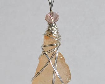 Rare Maine Peach Sea Glass Pendant with 20" silver plated chain