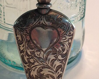 Tiny Perfume Bottle Antique Sterling Silver Ornate Hand Engraving Heart and Flowers Victorian
