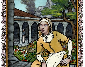 Giclee print - blonde woman in monastery with smoke on the horizon - 11" x 14"