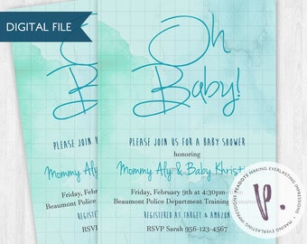 Watercolor Blue/Green/Aqua/Turquoise Baby Shower Invitations