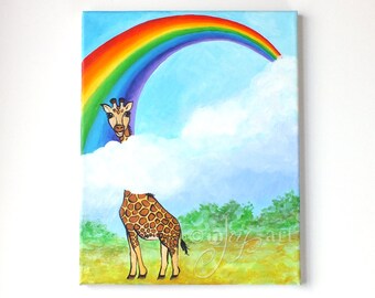 Rainbow Giraffe painting, Keep Looking Up, 11x14 inch original acrylic painting for home, office or childrens room, nursery painting