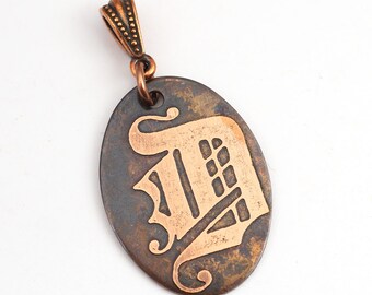 Copper D pendant, oval flat antiqued metal Gothic monogram jewelry, optional necklace, 31mm