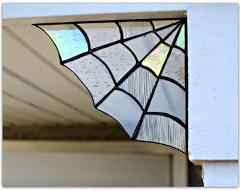 Black Glass Spider Web Corner,Home decor, Garden decor,spider web decor, halloween decor, stained glass,garden, corners, magical, unique