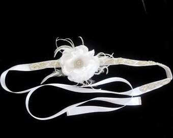 Wedding Bridal Beaded Sash Belt with Silk Flower