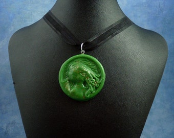 Green Cthulhu Cameo Necklace, Polymer Clay Lovecraft Jewelry